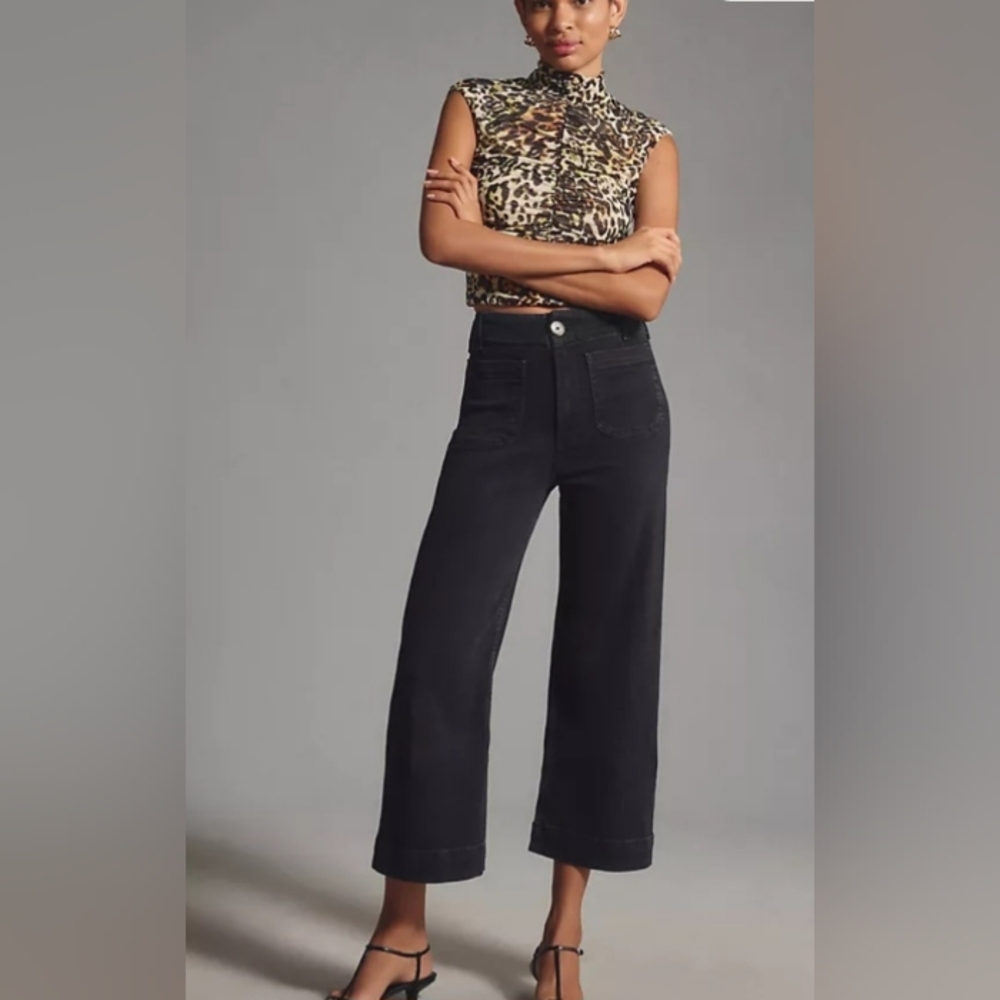 Anthropologie Pilcro Black Denim Jean Skipper Wide Leg Crop Size 26 Patch Pocket